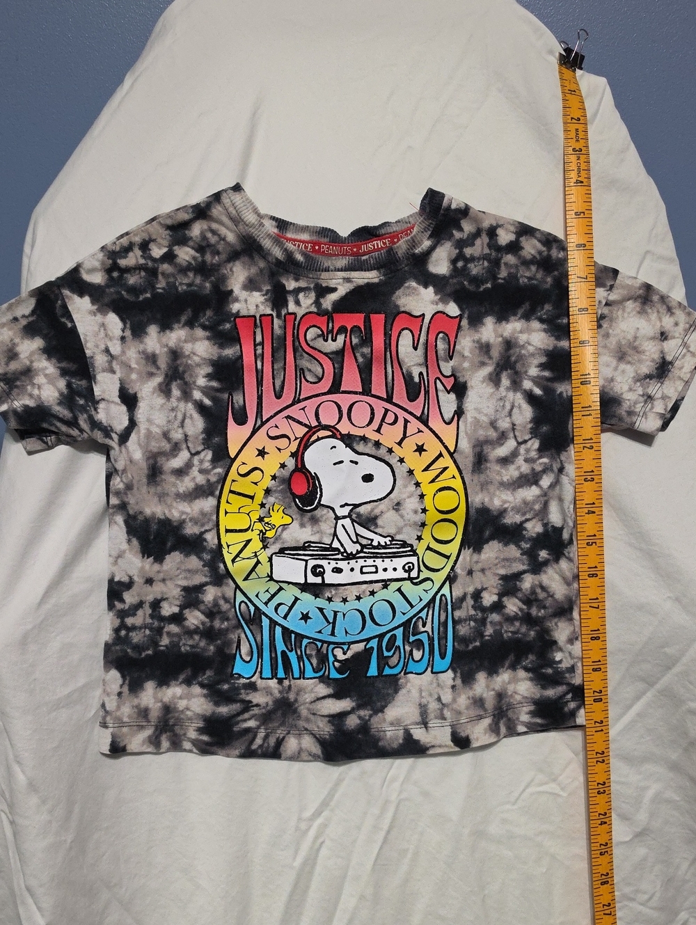 Justice Black & White Tie-Dye Snoopy Graphic Tee with Rainbow Print